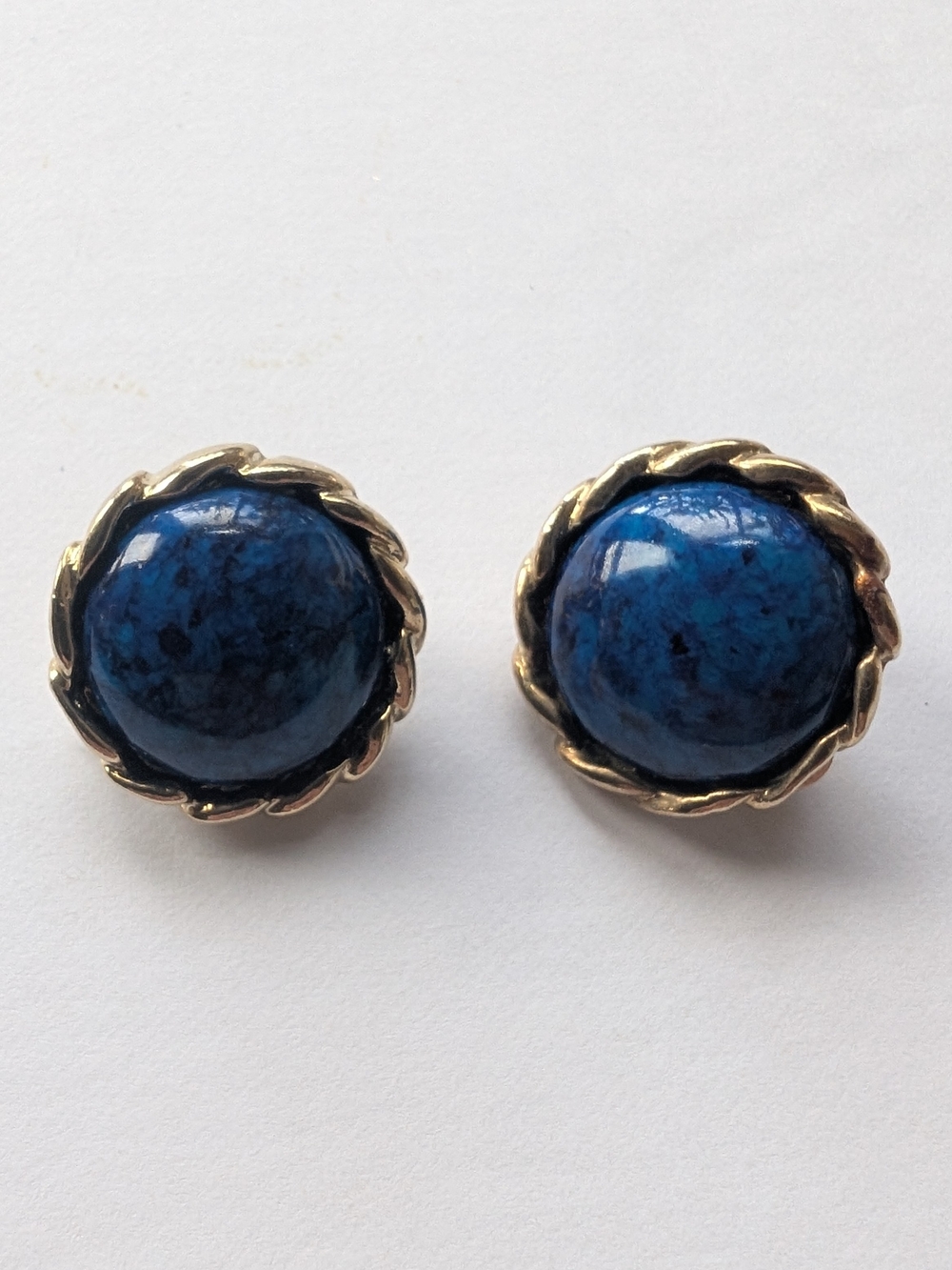 Vintage 80s Lapis Lazuli Clip On Earings Gold Tone Twisted Rope